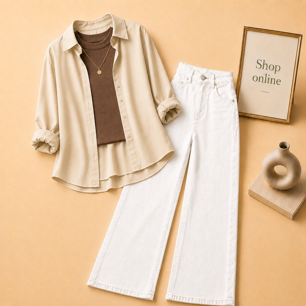 BEIGE BUTTON DOWN SHIRT WITH BROWN TANKTOP AND WHITE WIDE LEG JEANS