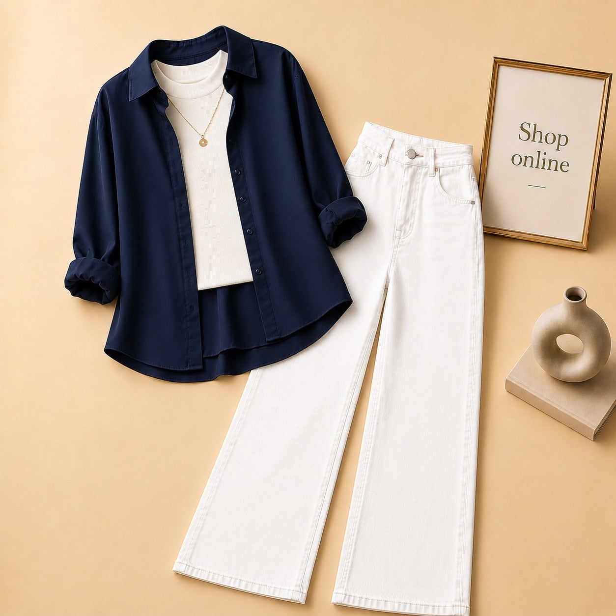 NAVY BLUE BUTTON DOWN SHIRT WITH WHITE TANKTOP AND WHITE WIDE LEG JEANS
