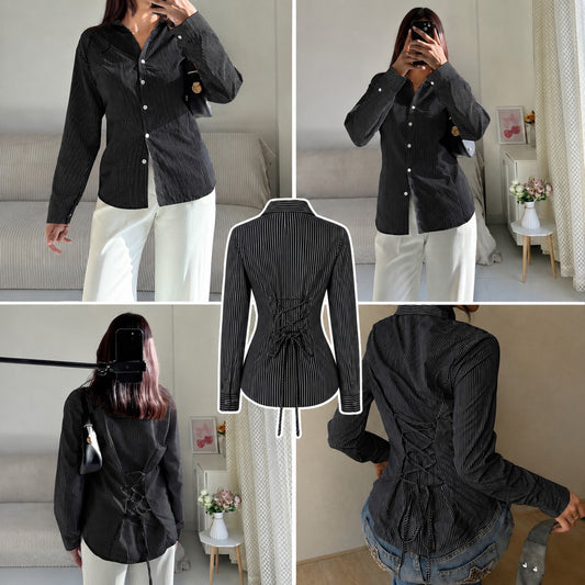 Black and White Corset Lace-Up Back Stripe Shirt