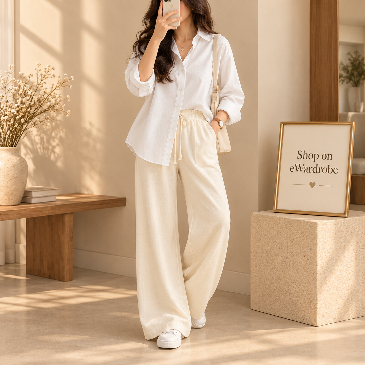 White Button down shirt with Beige Flapper