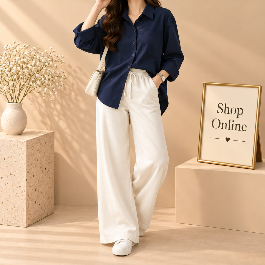 Navy Blue Button Down Shirt with Beige Flapper
