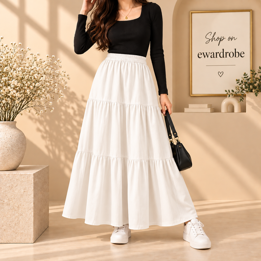 White 3 Tier Twill Long Skirt