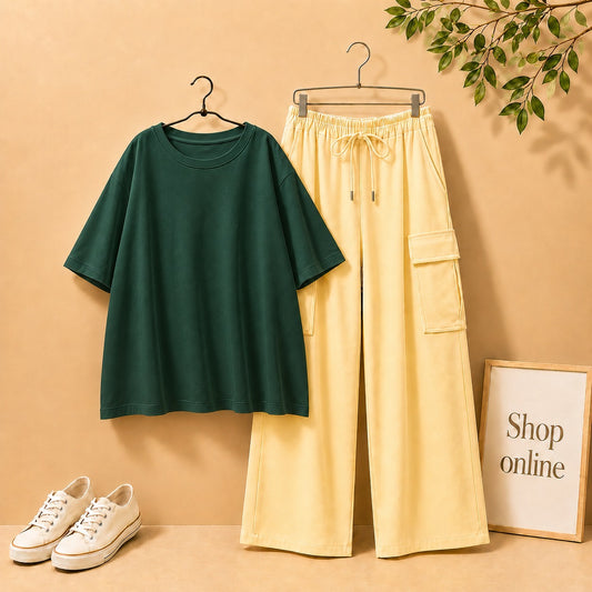 DARK GREEN DROP SHOULDER TSHIRT WITH BEIGE CARGO TROUSER