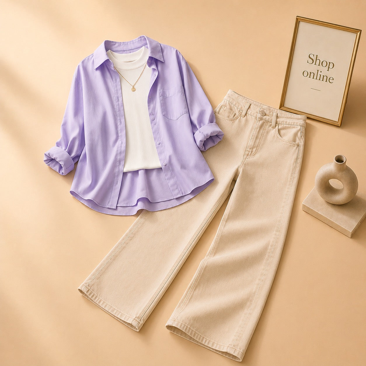 LILAC BUTTON DOWN SHIRT WITH WHITE TANKTOP AND BEIGE WIDE LEG JEANS