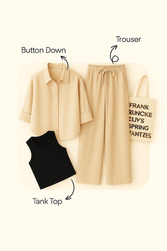BEIGE BUTTON SHIRT WITH BEIGE FLAPPER AND BLACK TANK TOP