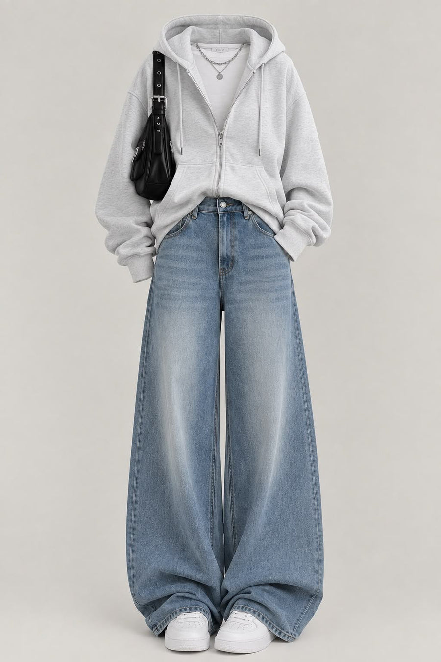 Grey Zipper + White  Inner  with  Sky  Wide Leg Jeans