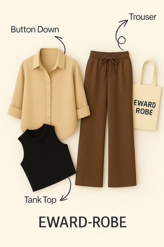 BEIGE BUTTON SHIRT WITH BROWN FLAPPER AND BLACK TANK TOP