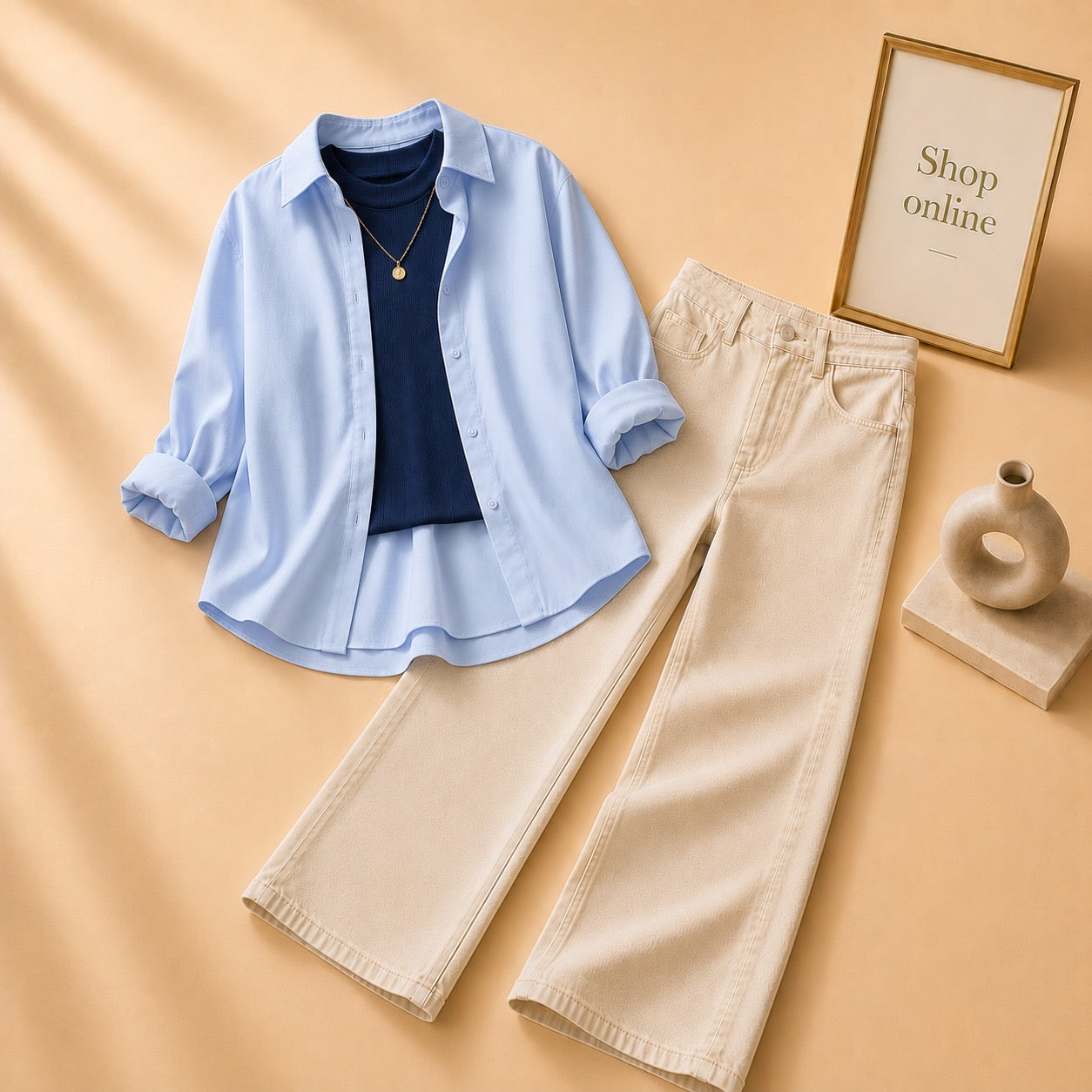 LIGHT BLUE BUTTON DOWN SHIRT WITH BLACK TANKTOP AND BEIGE WIDE LEG JEANS
