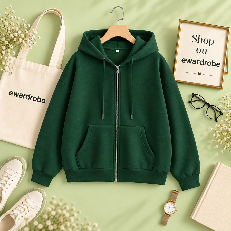 Basic Bottle Green Zipper Hoodie