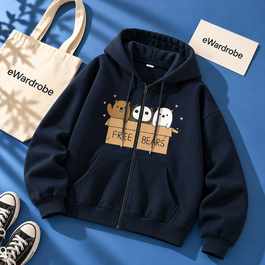 Navy Blue Zipper Hoodie Free Bear