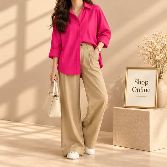 Shocking Pink Button Down Shirt With Beige Wide Leg Jeans