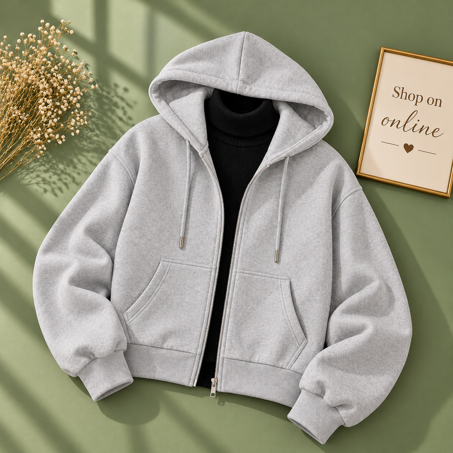 Basic Grey Zipper Hoodie With Black Highneck