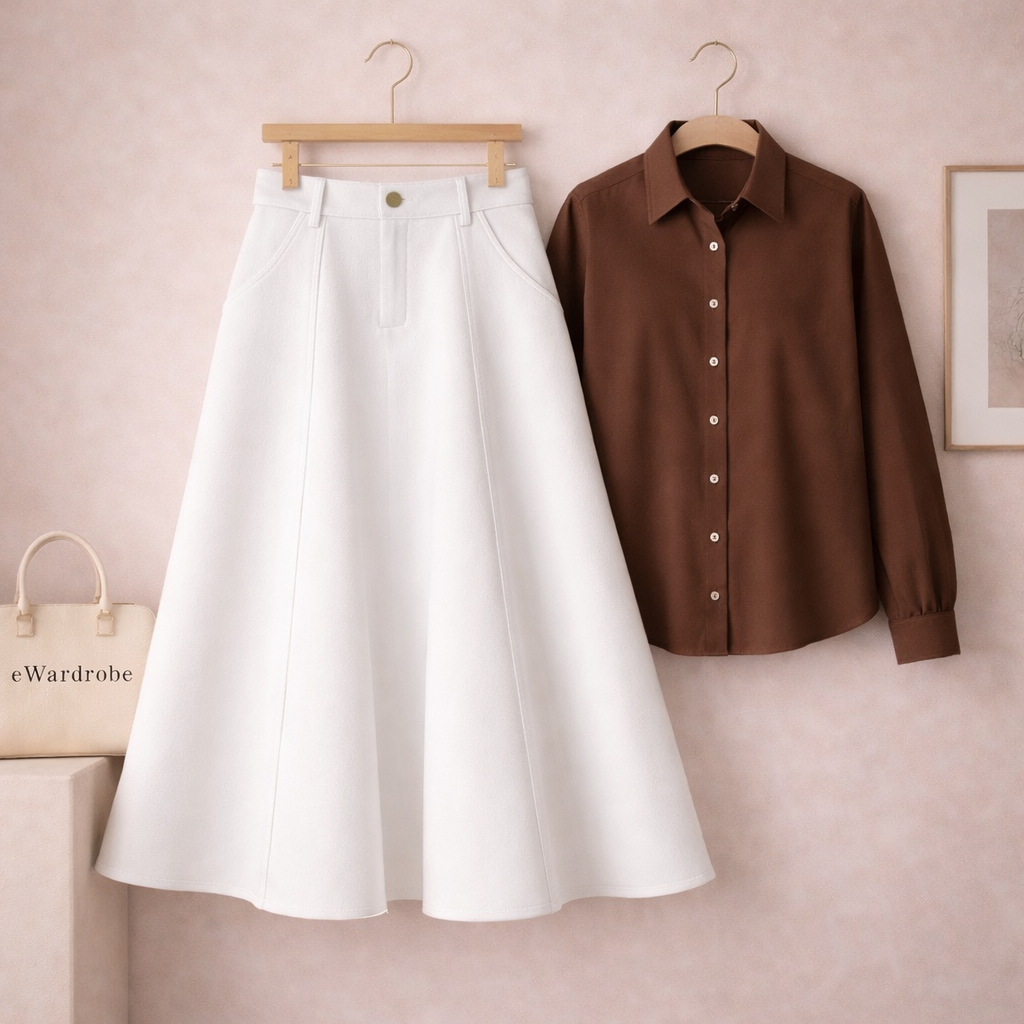 BROWN BUTTON DOWN WITH WHITE TWILL LONG SKIRT
