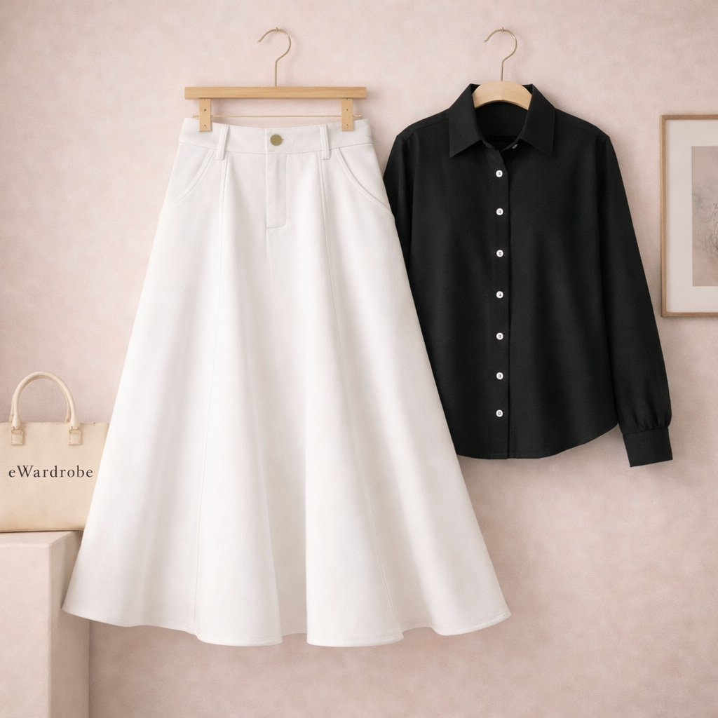 BLACK BUTTON DOWN WITH WHITE TWILL LONG SKIRT
