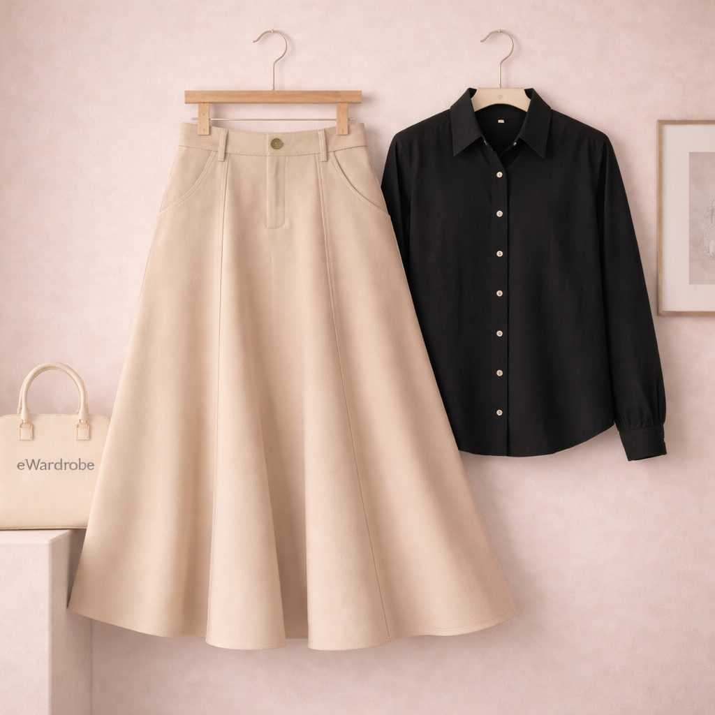 BLACK BUTTON DOWN WITH BEIGE TWILL LONG SKIRT