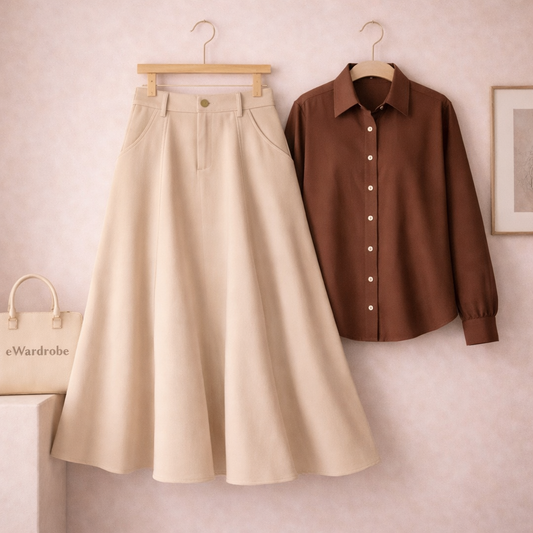 BROWN BUTTON DOWN WITH BEIGE TWILL LONG SKIRT