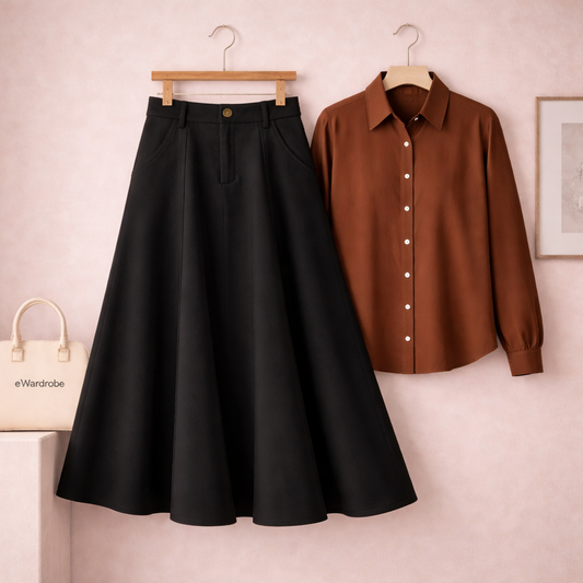 BROWN BUTTON DOWN WITH BLACK TWILL LONG SKIRT