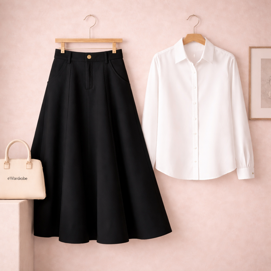 WHITE BUTTON DOWN WITH BLACK TWILL LONG SKIRT
