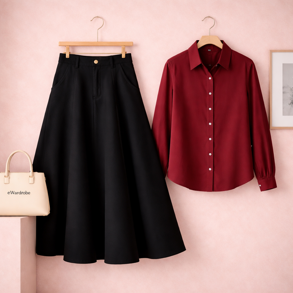 MAROON BUTTON DOWN WITH WHITE TWILL LONG SKIRT