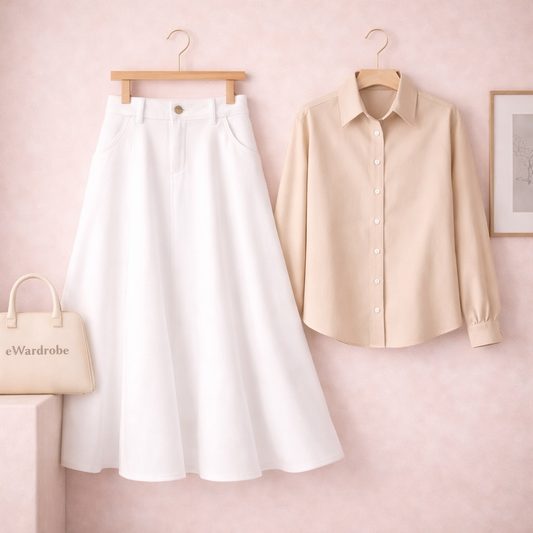 BEIGE BUTTON DOWN WITH WHITE TWILL LONG SKIRT