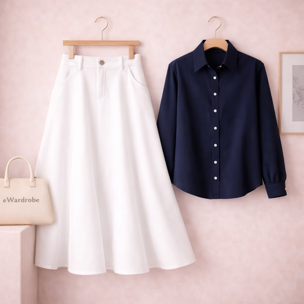 NAVY BLUE BUTTON DOWN WITH WHITE TWILL LONG SKIRT