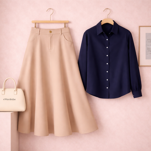 NAVY BLUE BUTTON DOWN WITH BEIGE TWILL LONG SKIRT