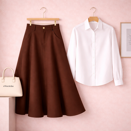 WHITE BUTTON DOWN WITH BROWN TWILL LONG SKIRT