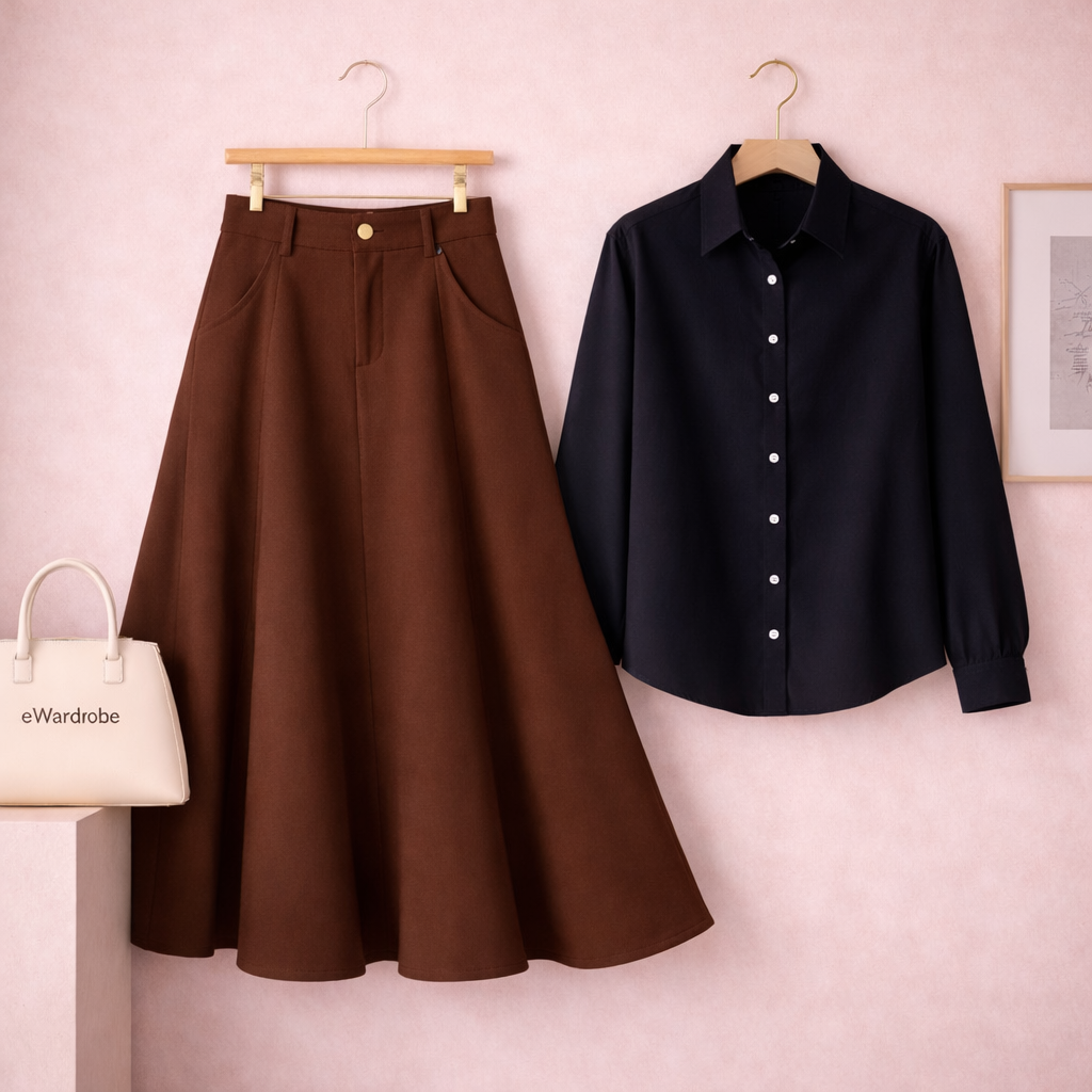 BLACK BUTTON DOWN WITH BROWN TWILL LONG SKIRT