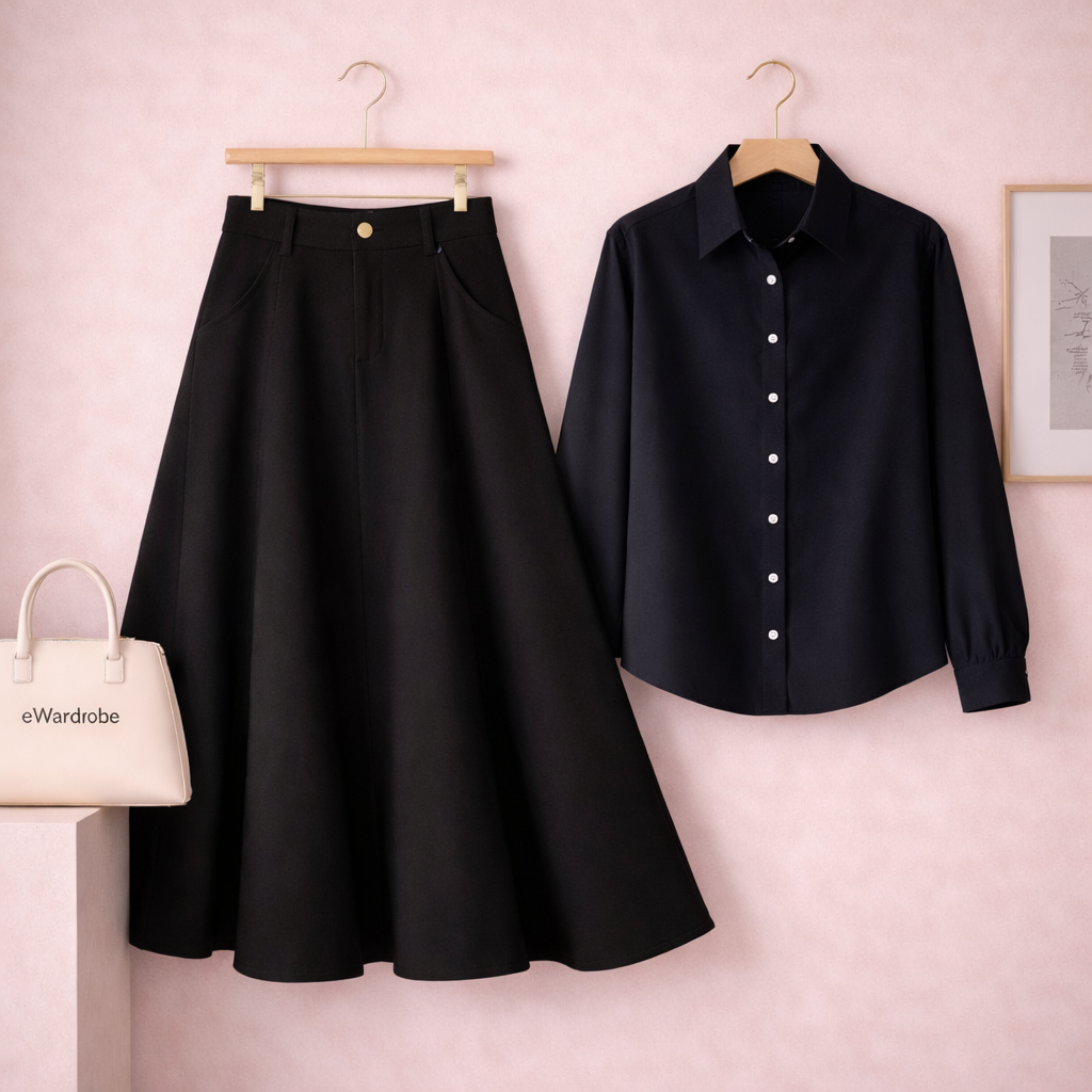BLACK BUTTON DOWN WITH BLACK TWILL LONG SKIRT