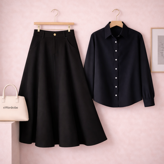 BLACK BUTTON DOWN WITH BLACK TWILL LONG SKIRT