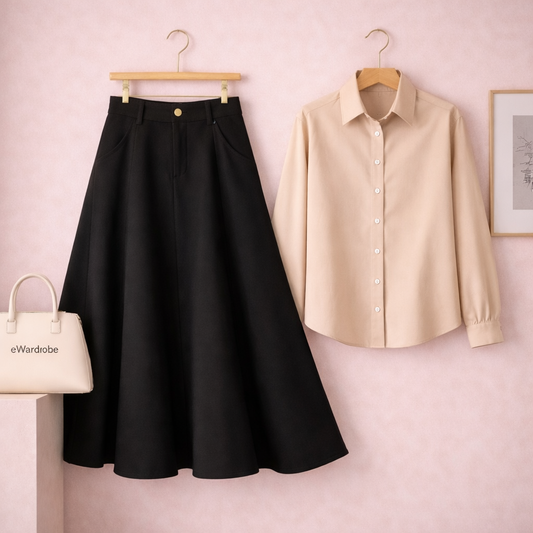 BEIGE BUTTON DOWN WITH BLACK TWILL LONG SKIRT