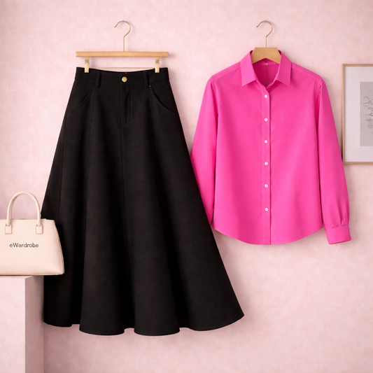 SHOCKING PINK BUTTON DOWN WITH BLACK TWILL LONG SKIRT