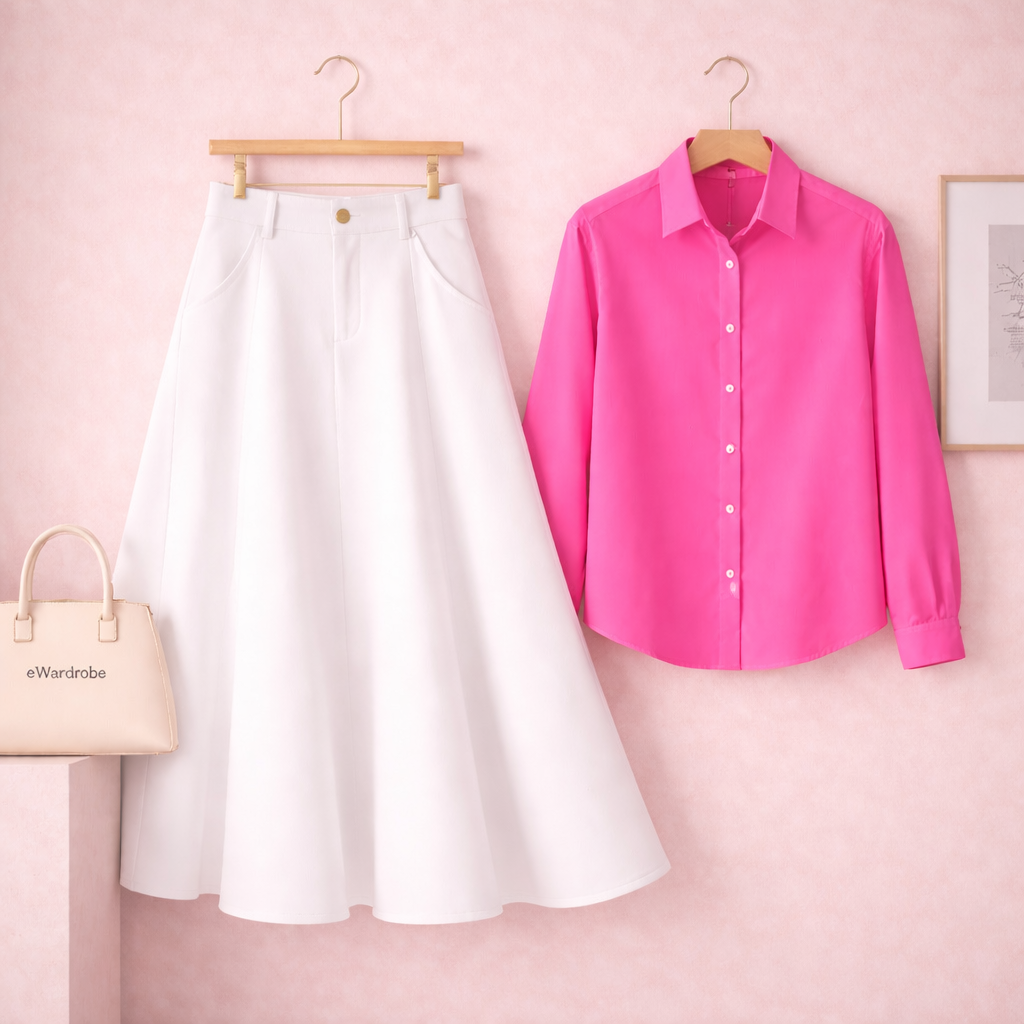 SHOCKING PINK BUTTON DOWN WITH WHITE TWILL LONG SKIRT