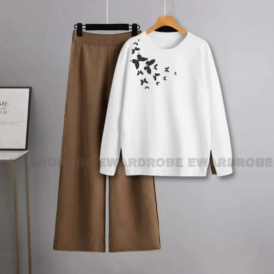 SHOULDER BUTTERFLY WHITE SWEATSHIRT WITH BROWN FLAPPER