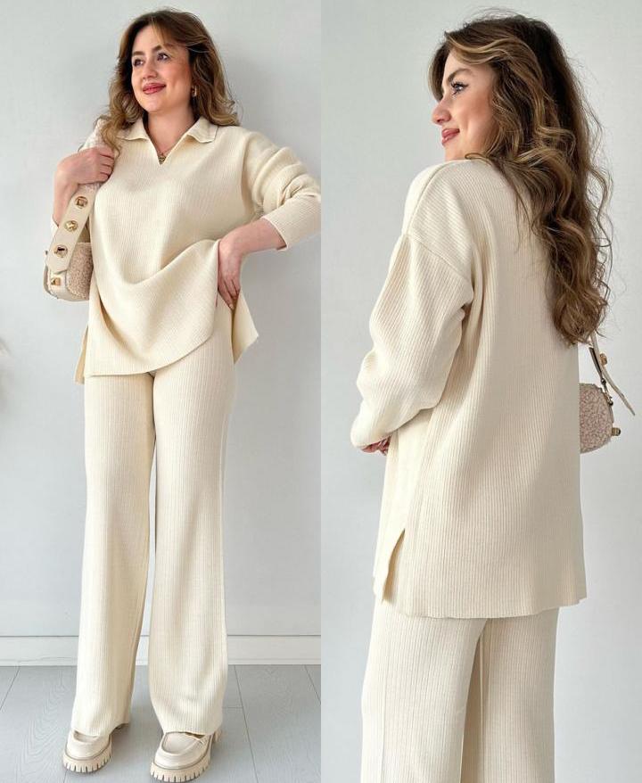 Rib Knit Cream Tracksuit V Neck