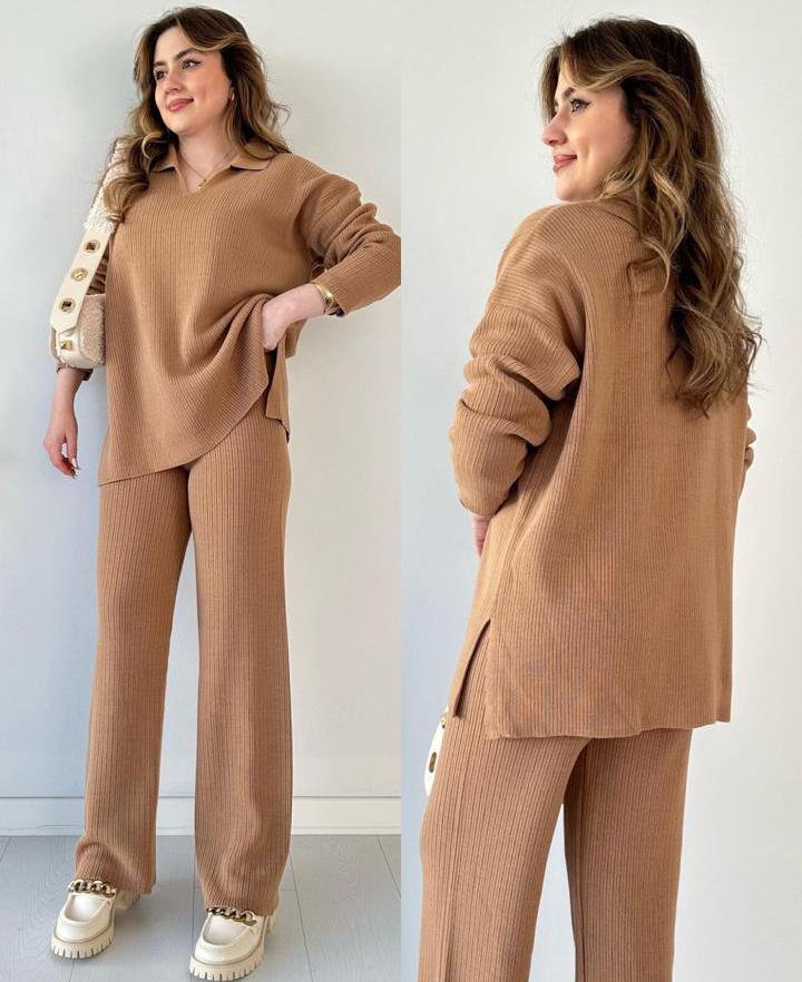 RibKnit Coffee Tracksuit V Neck