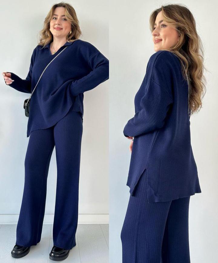 NAVY BLUE V NECK RIB KNIT TRACKSUIT