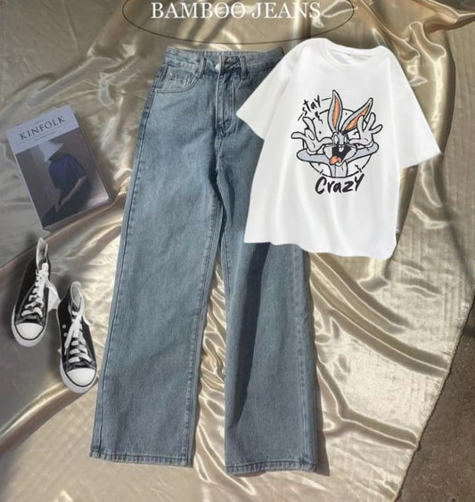 White tshirt stay crazy with sky blue wide leg jeans