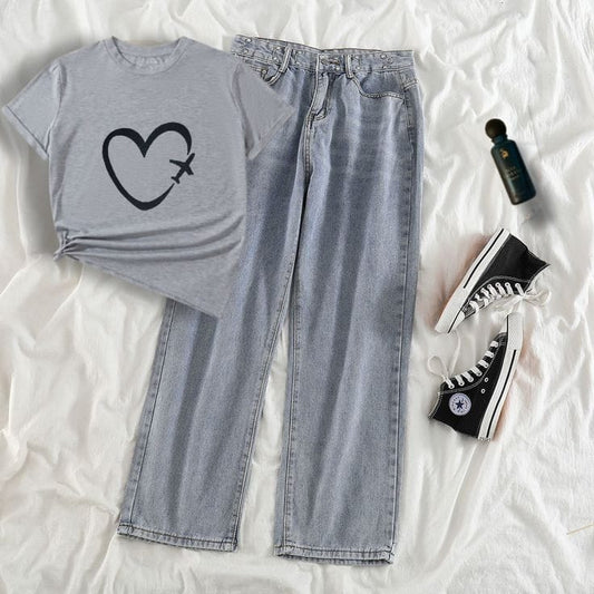 GREY TSHIRT PLANE HEART WITH ICE BLUE WIDE LEG JEANS