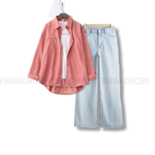 PINK BUTTON DOWN SHIRT WITH ICE BLUE WIDE LEG JEANS AND INNER