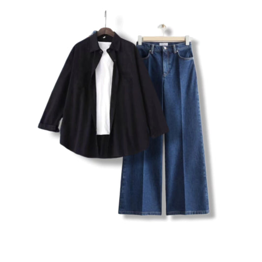 BLACK BUTTON DOWN SHIRT WITH MID BLUE WIDE LEG JEANS AND INNER