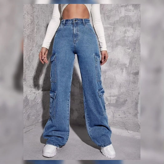 MID BLUE CARGO WIDE LEG JEANS