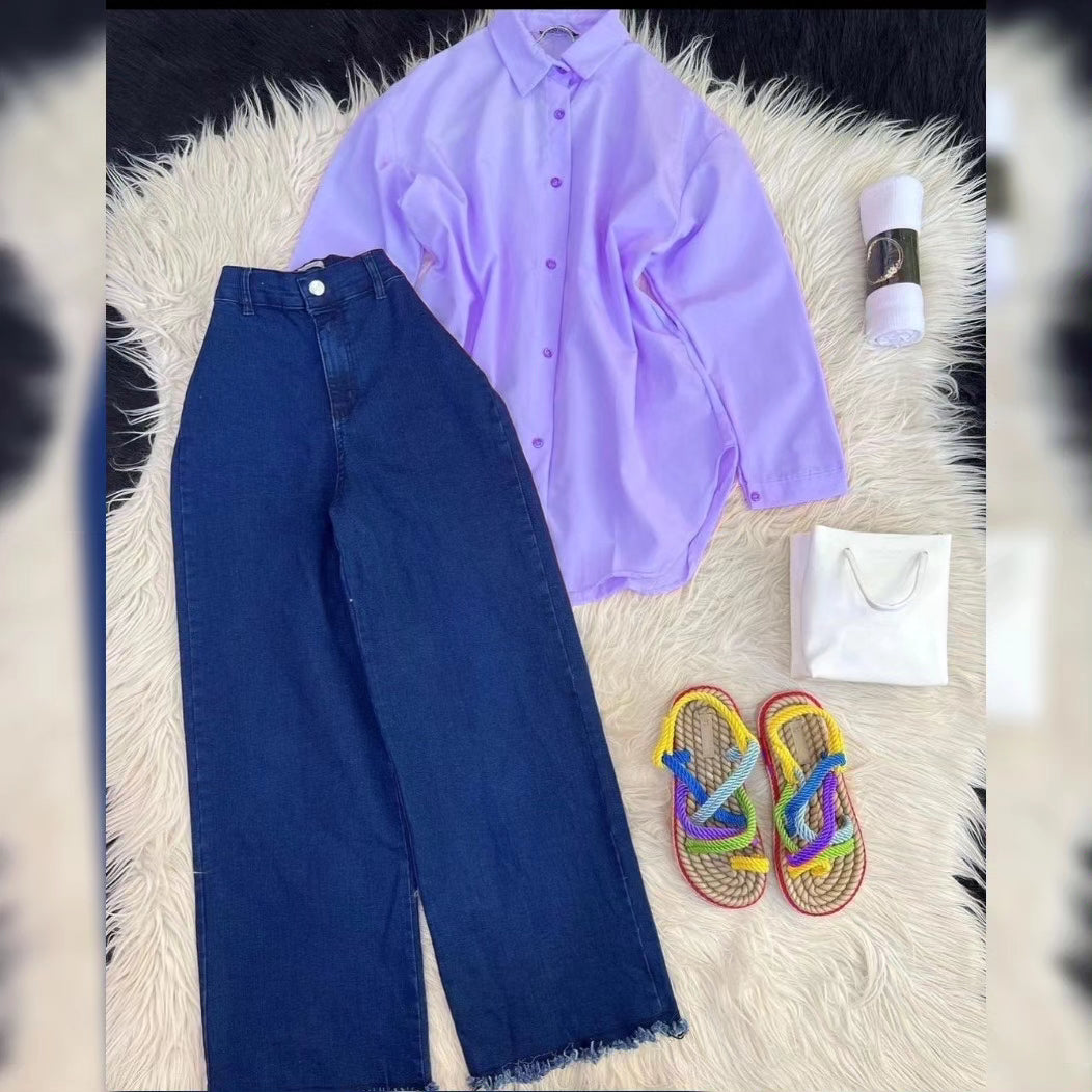 LILAC BUTTON DOWN SHIRT WITH MID BLUE WIDE LEG JEANS