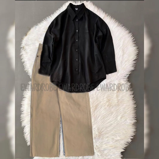 BLACK BUTTON SHIRT WITH BEIGE WIDE LEG JEANS