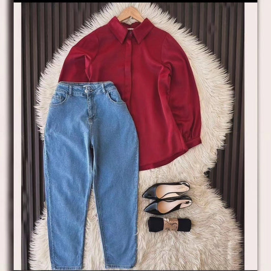 MAROON BUTTON SHIRT WITH SKY BLUE MOM JEANS