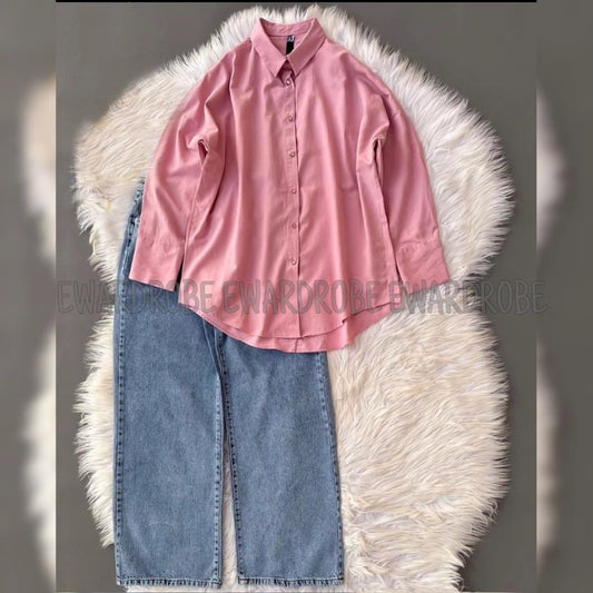 PINK BUTTON DOWN SHIRT WITH SKY BLUE WIDE LEG JEANS