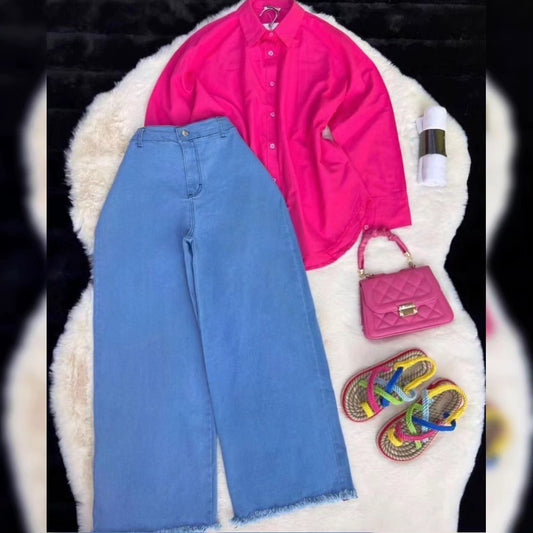 SHOCKING PINK BUTTON DOWN SHIRT WITH SKYISH BLUE WIDE LEG JEANS