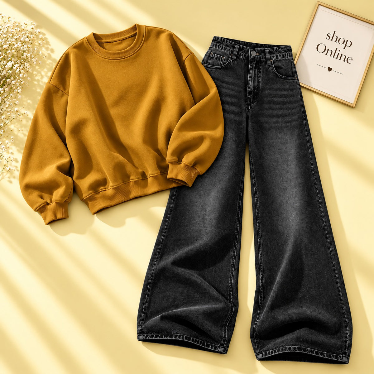 Yellow Sweatshirt With Black Vintage Faded Jeans