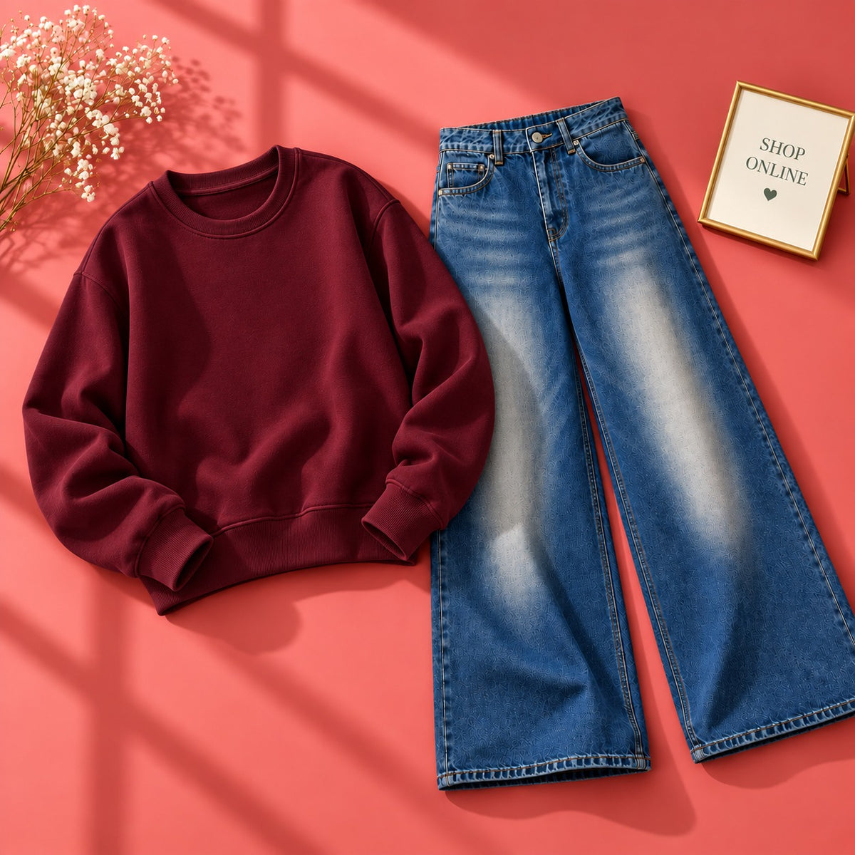 Maroon Sweatshirt With Vintage Dark Blue Faded Jeans