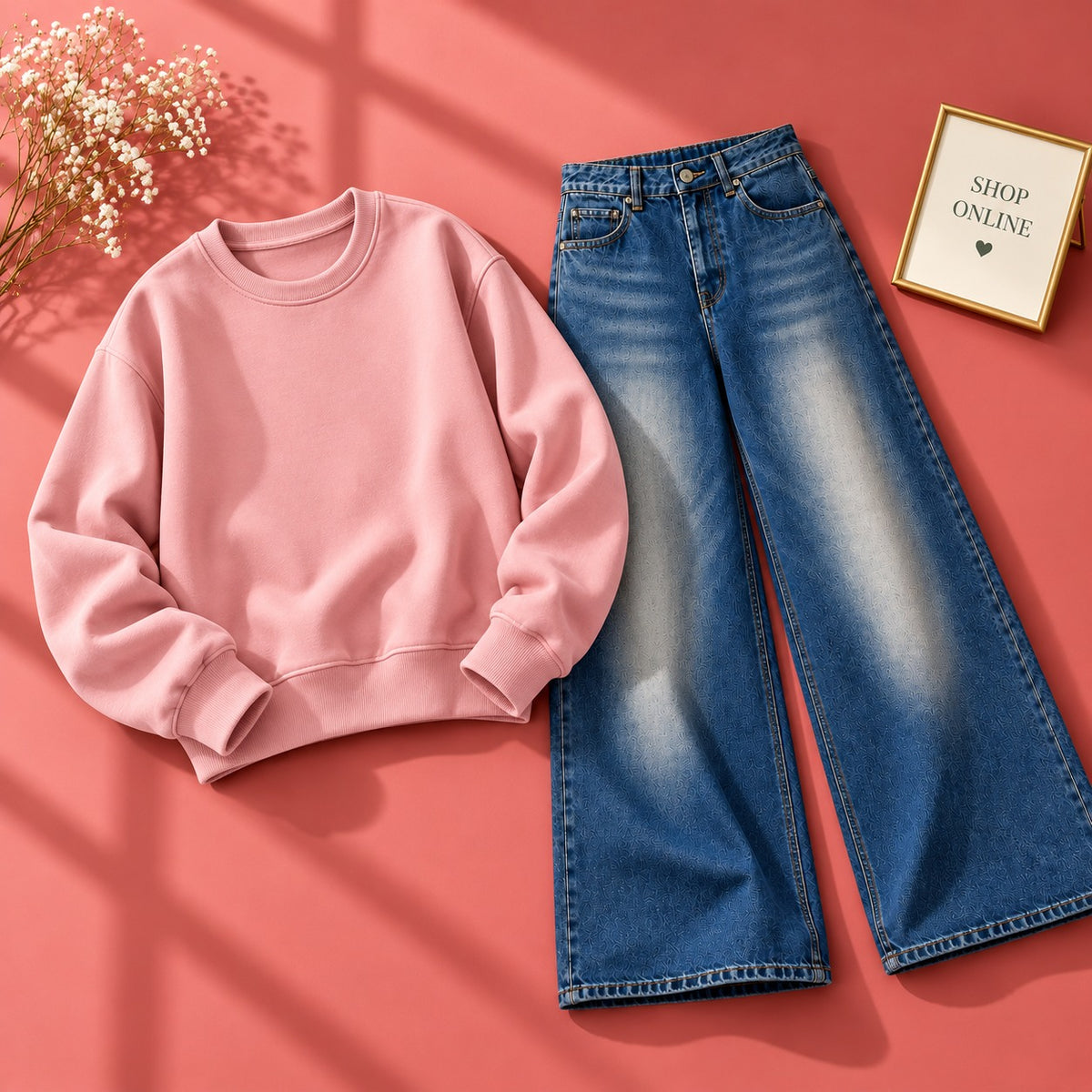 Pink Sweatshirt With Vintage Dark Blue Faded Jeans